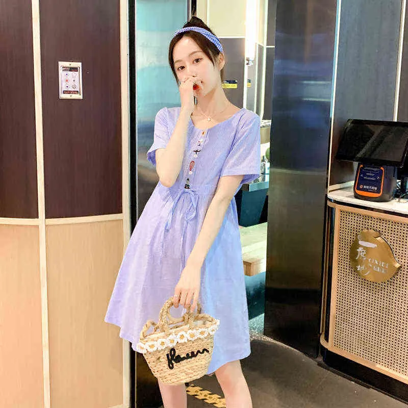 Maternity Summer Fashion Dress Fashion Embroidery Drawstring Waist Pregnant Woman Cotton Linen Dress Preppy Style Pregnancy Jersey J220628