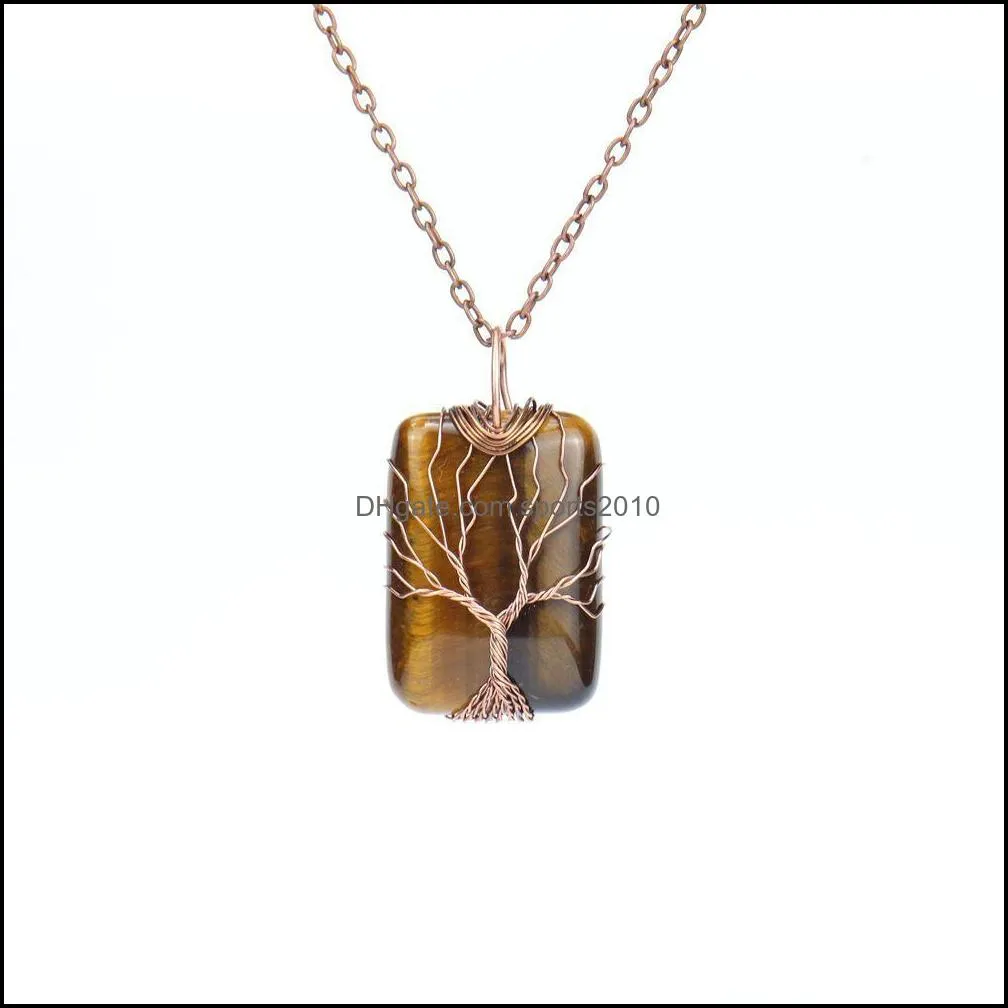 healing crystal natural stone rectangle charms necklaces twine tree of life wire wrap pendant turquoise tiger eye rose quartz wholesale jewelry