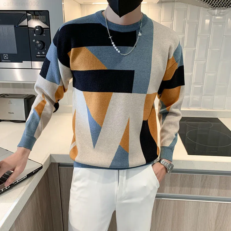 Winter New Men Sweater Geometric Pattern Trend Padded Slim Personality High Quality Knit Sweater Clothes G22801