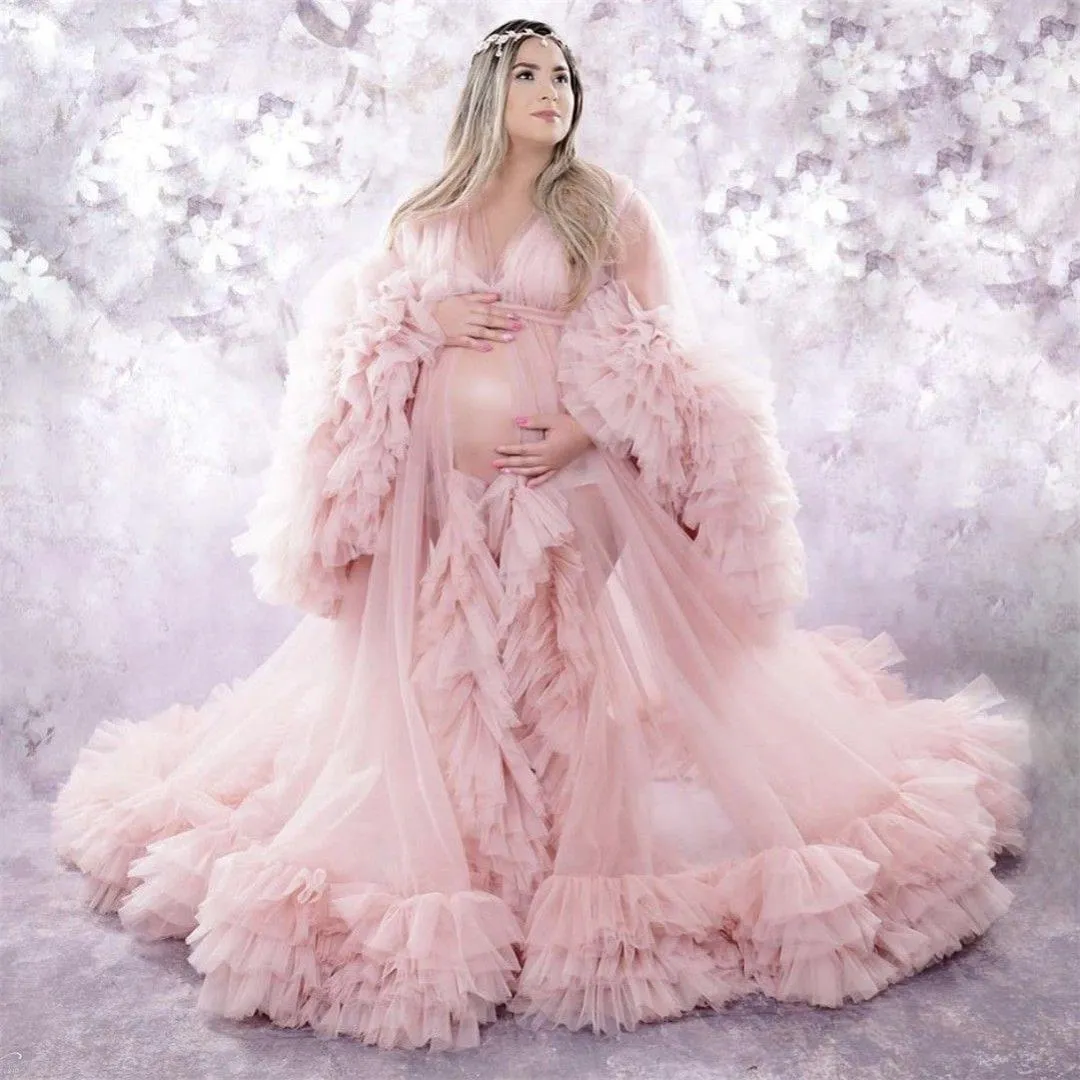 Robe de bal rose clair pour femmes, tenue de soirée à plusieurs niveaux, manches longues, grande taille, à lacets, robe de photographie de maternité, 2022