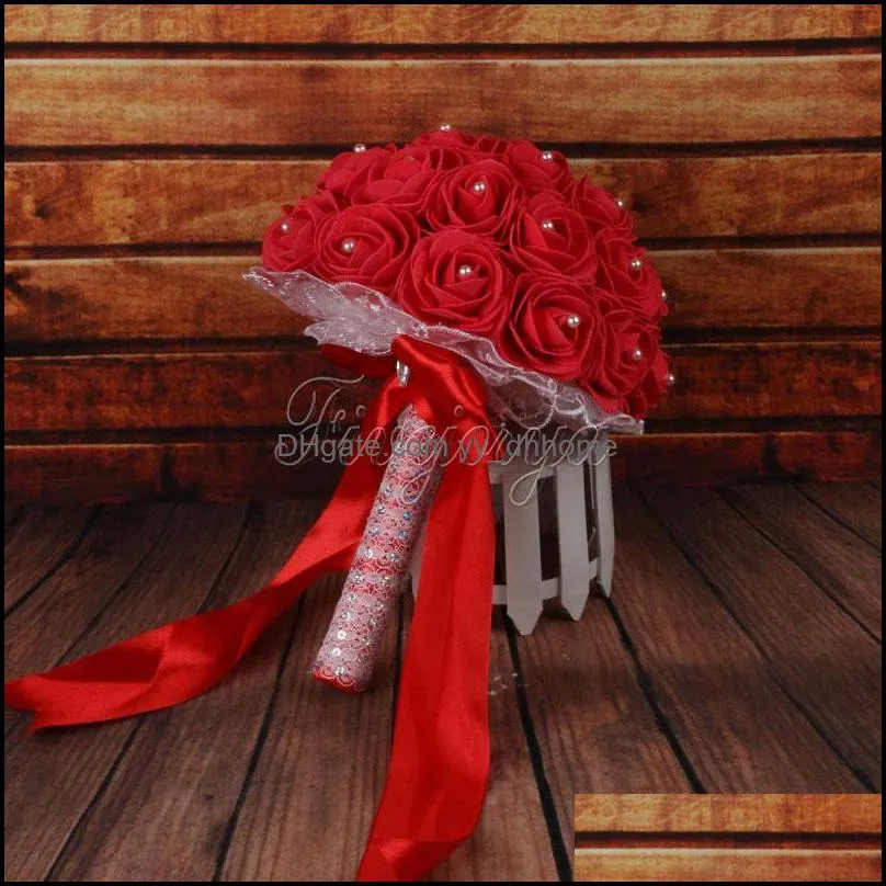 Wholesale-Bridal Bouquet Artificial Foam Rose Flowers Wedding Bouquet with Pearls Rhinestone Lace Satin Ribbons Bow Party Favor