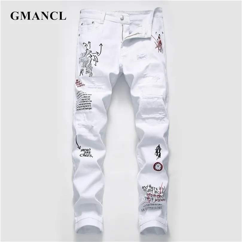 Nya män streetwear personlighet rippade tryckt vit mager hip hop punk casual motorcykel stretch denim jeans byxor 210330