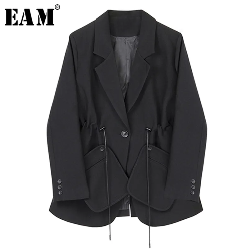 EAM femmes noir pansement fendu grande taille Blazer nouveau revers à manches longues coupe ample veste mode printemps automne 2020 LJ201021