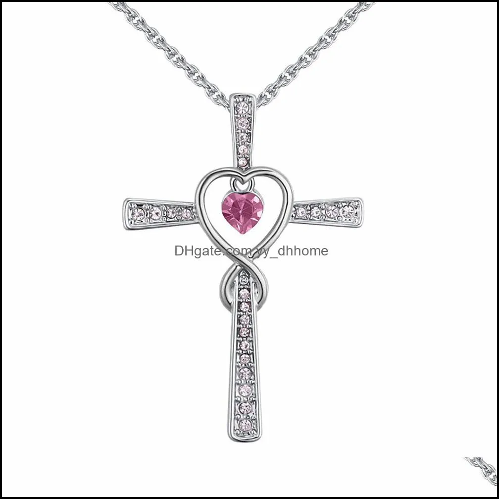 fashion exquisite crystal heart shaped zirconium cross necklace love diamond cross crystal pendant simple necklace party gift yydhhome