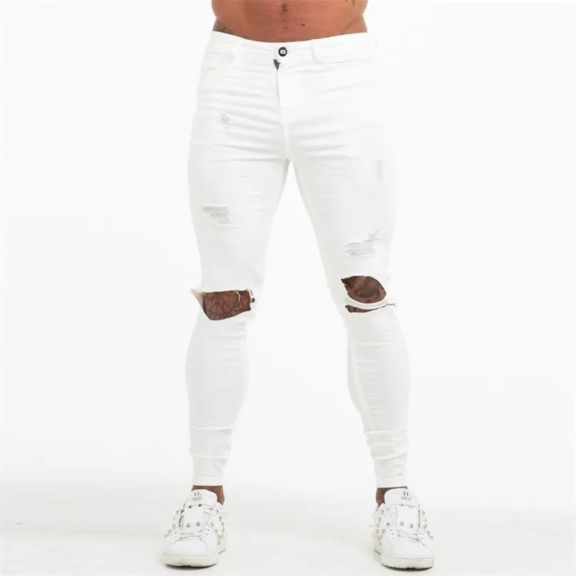 Gingtto mäns magra jeans vita rippade stretch jeans för män elastisk midja orolig jeans byxor atletisk kroppsbyggnad zm60 t200614