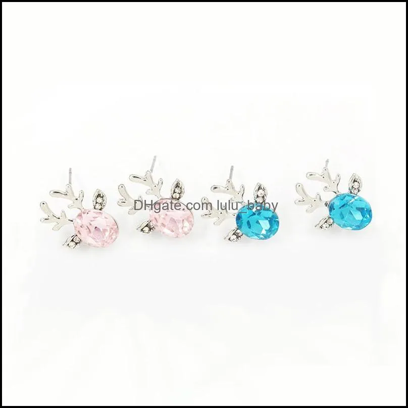 Christmas Reindeer Stud Earring Cute Three Dimensional Crystal Earrings Kids Christmas Gifts Red Blue Pink White Colors Wholesale