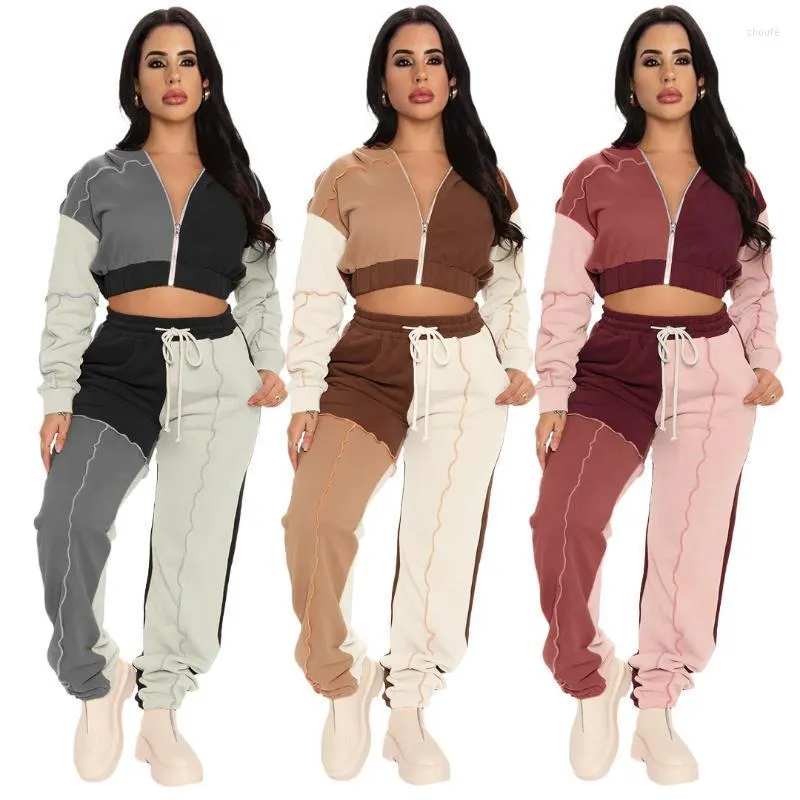 Women's Two Piece Pants Color Block Patchwork Set Woman Hooded Zipper Long Sleeve Jacket And Sweatpants Matching 2022 Winter Thick Outfits