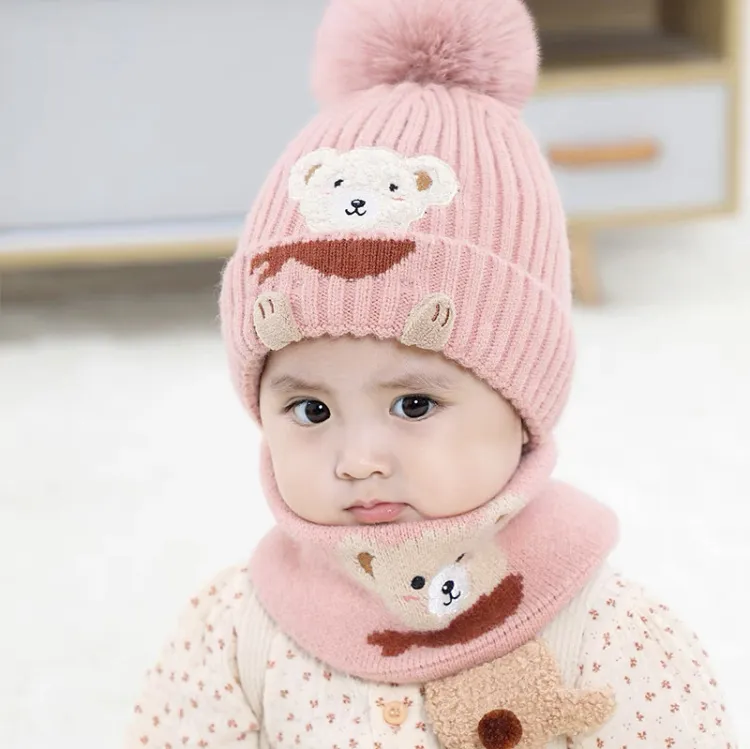 Nyfödd baby hatt halsduk set tecknad björn spädbarn flicka pojke vinter hatt för barn varma stickade barn pojkar flickor mössa mössa