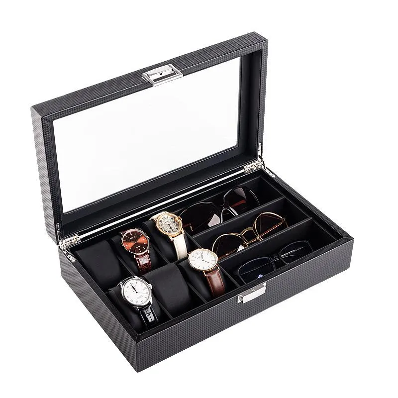 Boîtes de montres, étuis de rangement en cuir de luxe, boîte de rangement, lunettes noires avec étui de verrouillage, présentoir d'oreillers, montre-cadeau