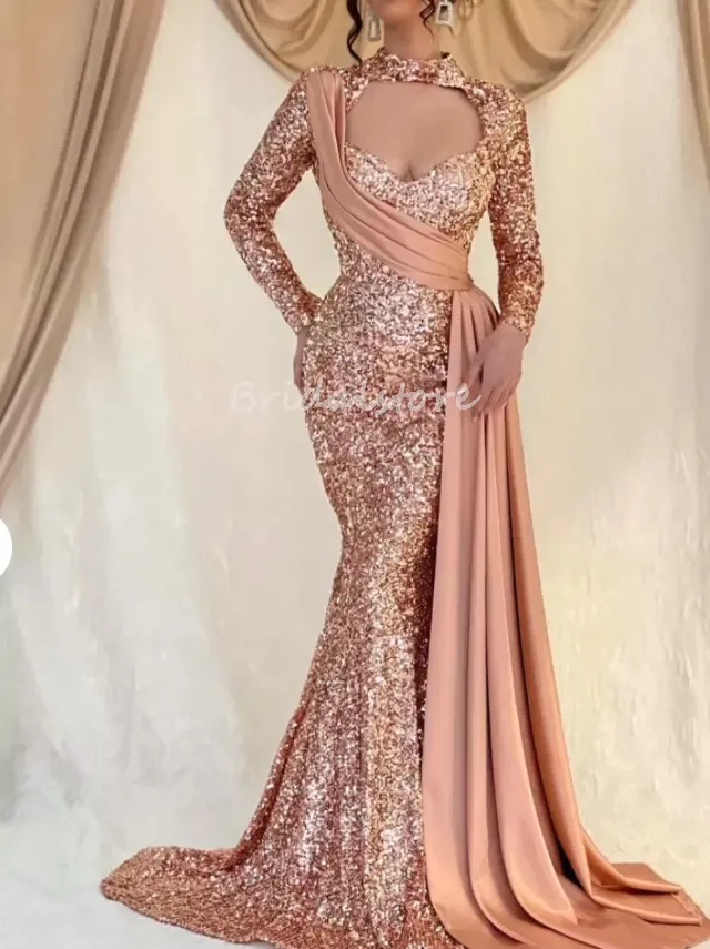 Rose Gold Dubai Árabe Vestido de Noite 2022 Manga Longa Glitter Sequineira Sereia Vestidos de Prom com Chão de Trem Vestidos formais Abaya Mulheres Robe de Soirée de Mariage