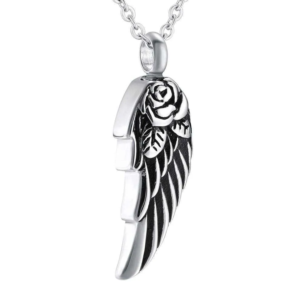 Steel Stainless Angel Wings Flower Waterproof Pendant Cremation Urn Necklace Ash Memorial Keepsake Jewelry for men /women3039