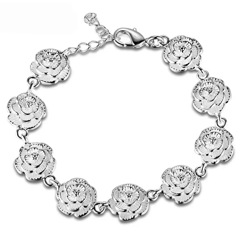 Bracciale a catena in argento sterling 925 con fiore rosa pieno per gioielli di moda per feste di fidanzamento da donna