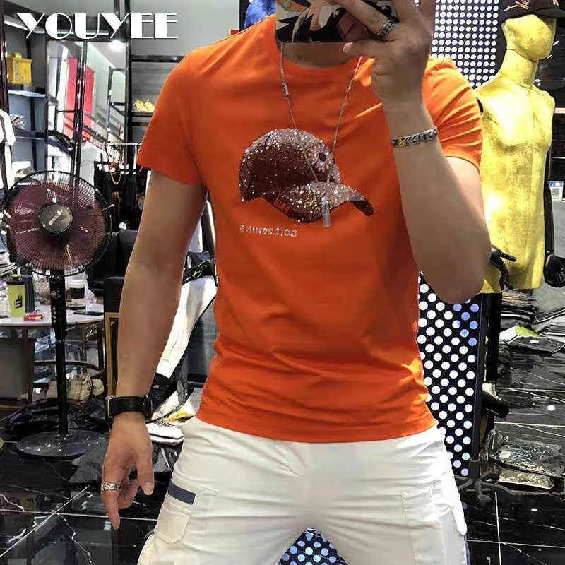男性Tシャツ2021サマーラインストーンパターン半袖ファッションマンストリートウェアホットドリルカジュアルマルチパープラスサイズトップY220630