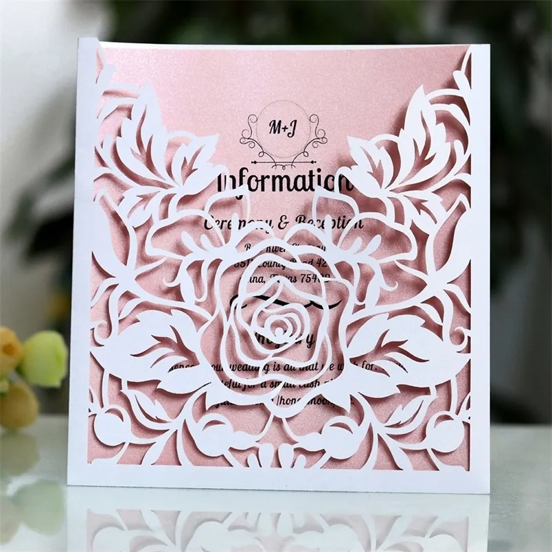 1 stks elegante kanten zak bruiloft uitnodigingen kaart vierkant laser gesneden roos bloem aanpassing wens evenement feestbenodigdheden 220711
