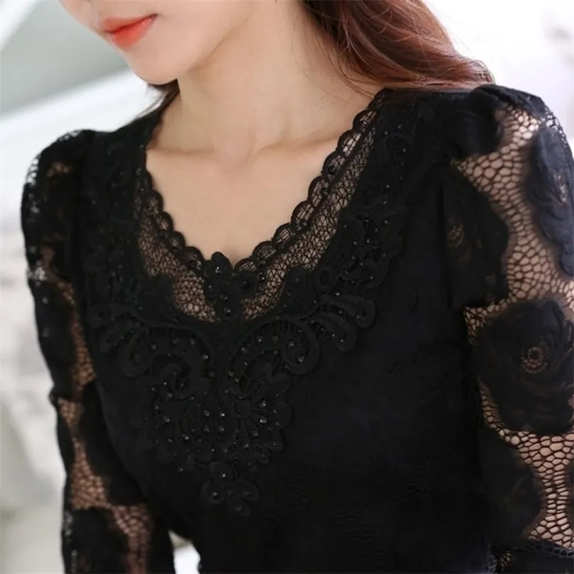 6xl Hollow Out Lace Blue Elegant Shirt Ladies Tops virkning långärmad broderi lapptäcke kvinnor blusar toppar vita df2753 210326