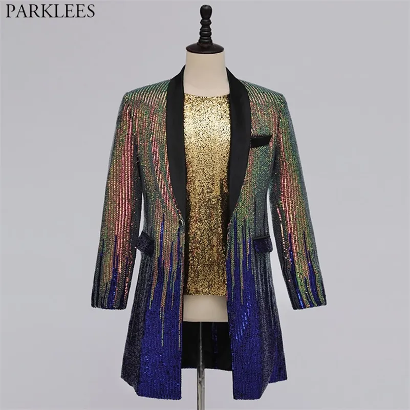 Royal Blue Striped Sequin Long Blazer Jacket Men Nightclub Prom Blazers Mens DJ Stage Cloths for Singers Rock and Roll Comple 220815