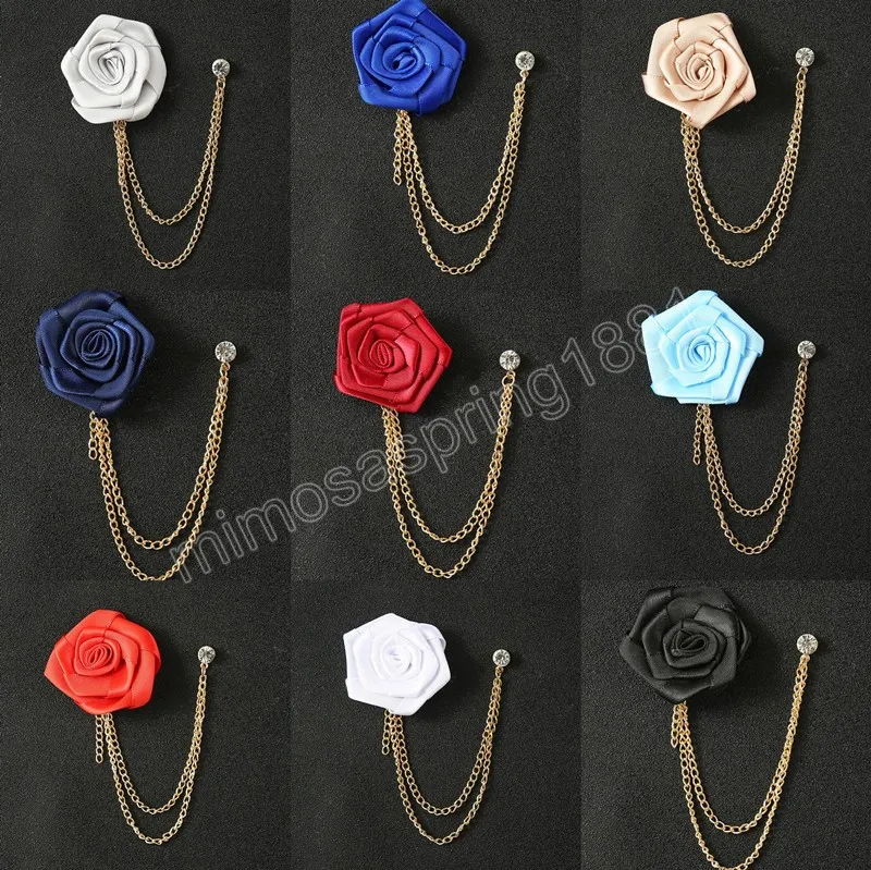 Tyg Rose Blomma Brosch Kristall Kedja Tofs Herrkostym Lapel Pins Brudgum Bröllop Broscher Mode Smycken Tillbehör