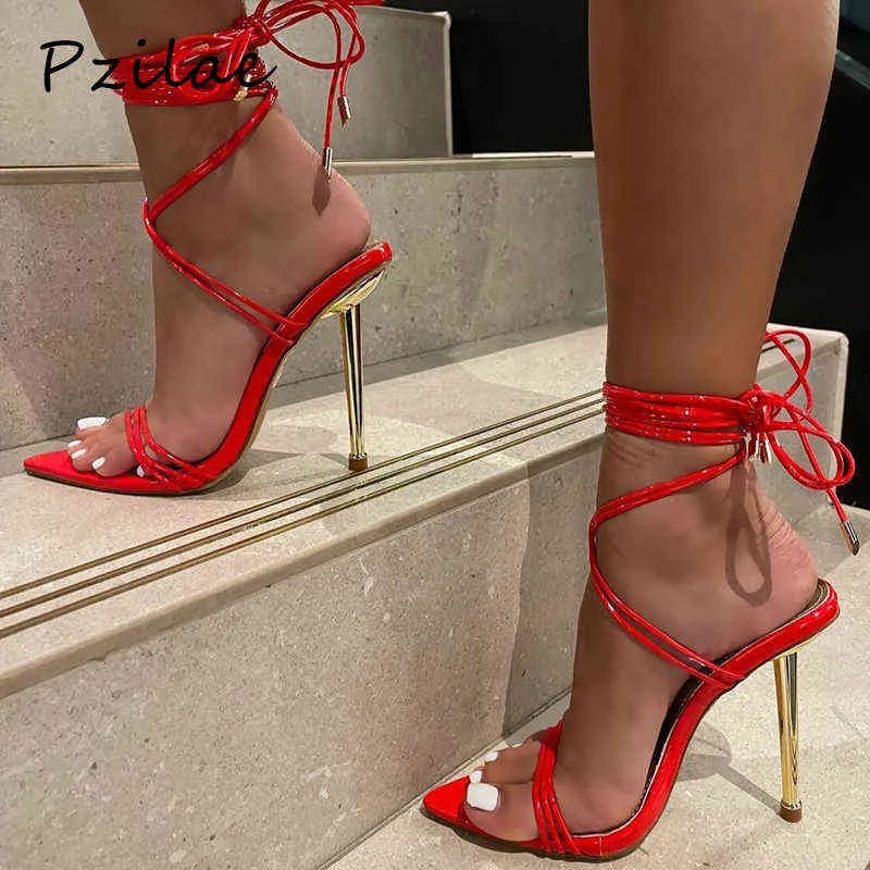 Sandalet pzilae ayakkabıları kadın gladyatör pompaları seksi sivri uçlu metal yüksek topuklu bayanlar parti altın kırmızı büyük boyut 3542 220704