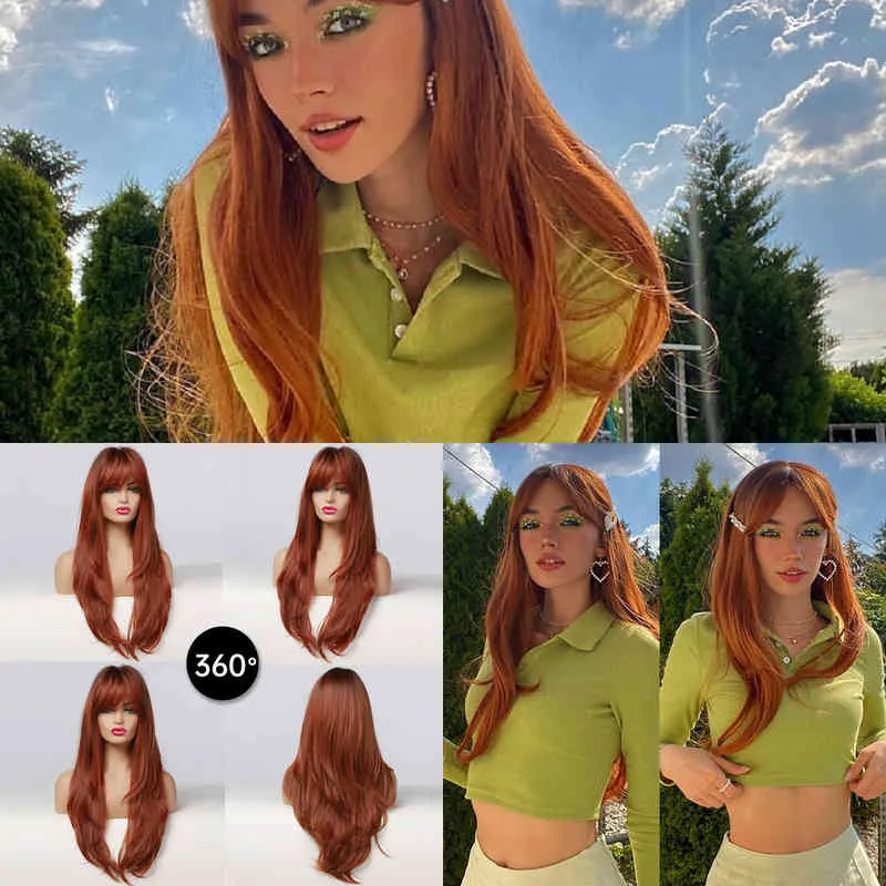 NXY Wigs Gemma Long Straight Ombre Black Orange Wine Red Wig with Bangs Synthetic s for Women Heat Resistant Layered Cosplay Daily 0609