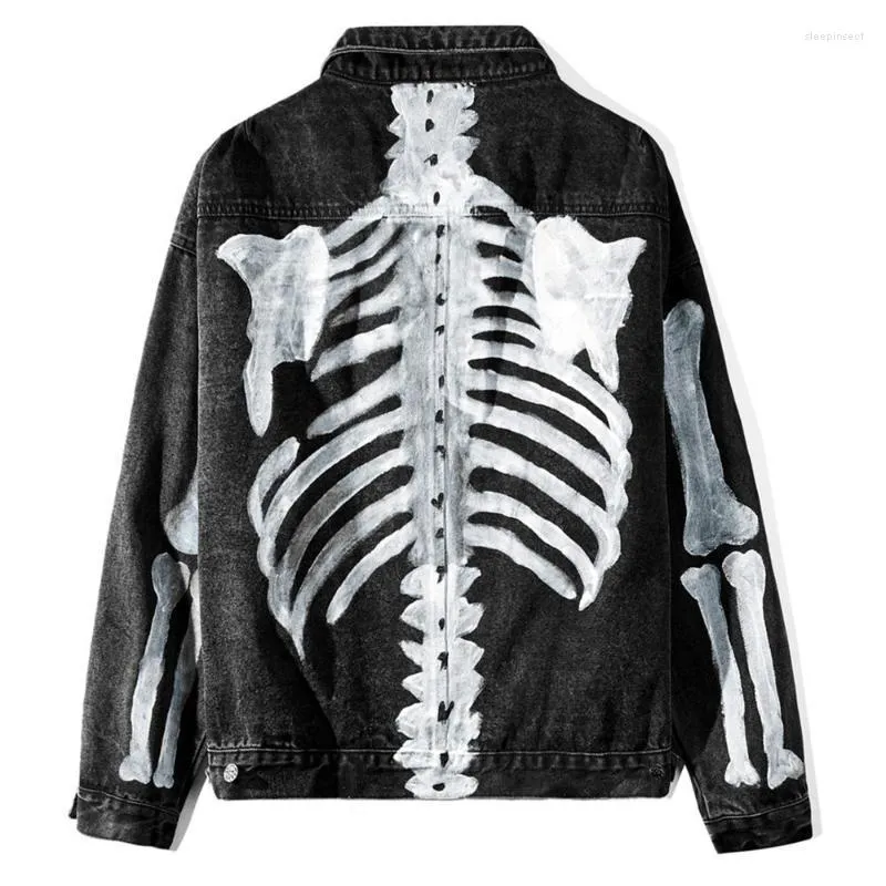 Men's Jackets Hand-painted Skeleton Mens Denim Harajuku Hip Hop Coats Fashion Casual Male Long Sleeve Outwear StreetwearMen's