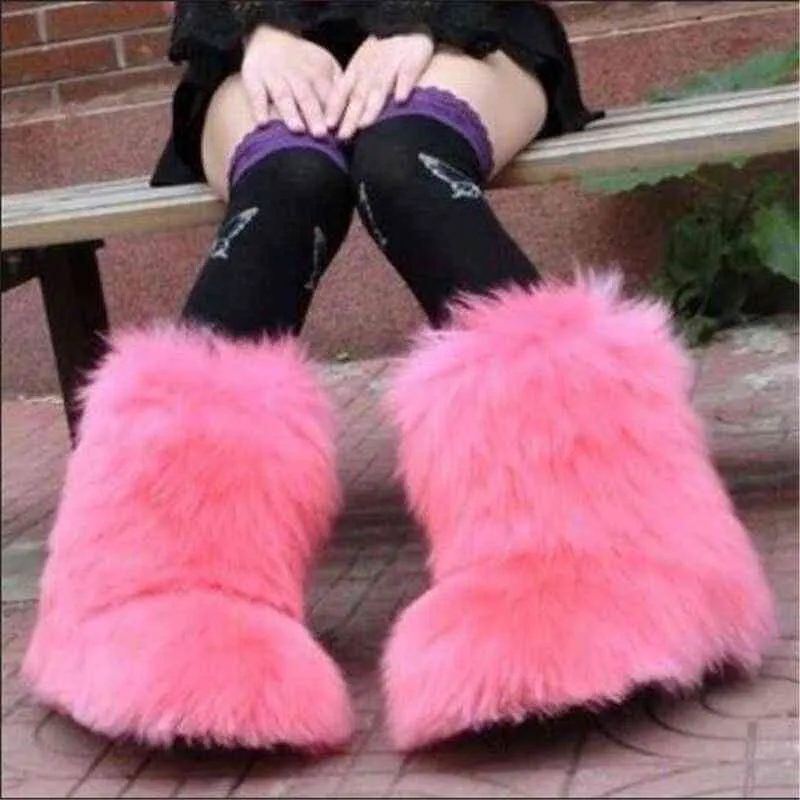 Flat Imitation Fluffy Fox Fur Boots Ladies Keep Warm Winter Snow Boots Mid Calf Furry Women Kids Faux Fur Warm Snow Boots Shoes T220813