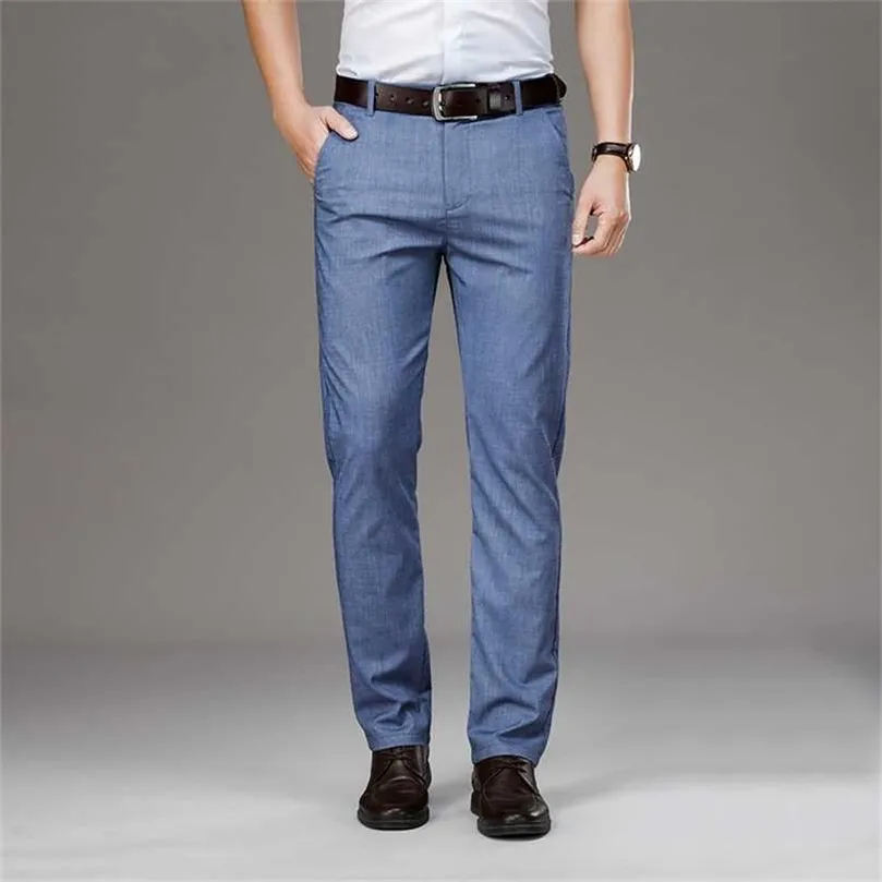 Summer High Waist Linen Men's Pants Loose Thin Breathable Work Wide Legs Classic Business Blue Trausers Male Large Size 35 40 42 211006