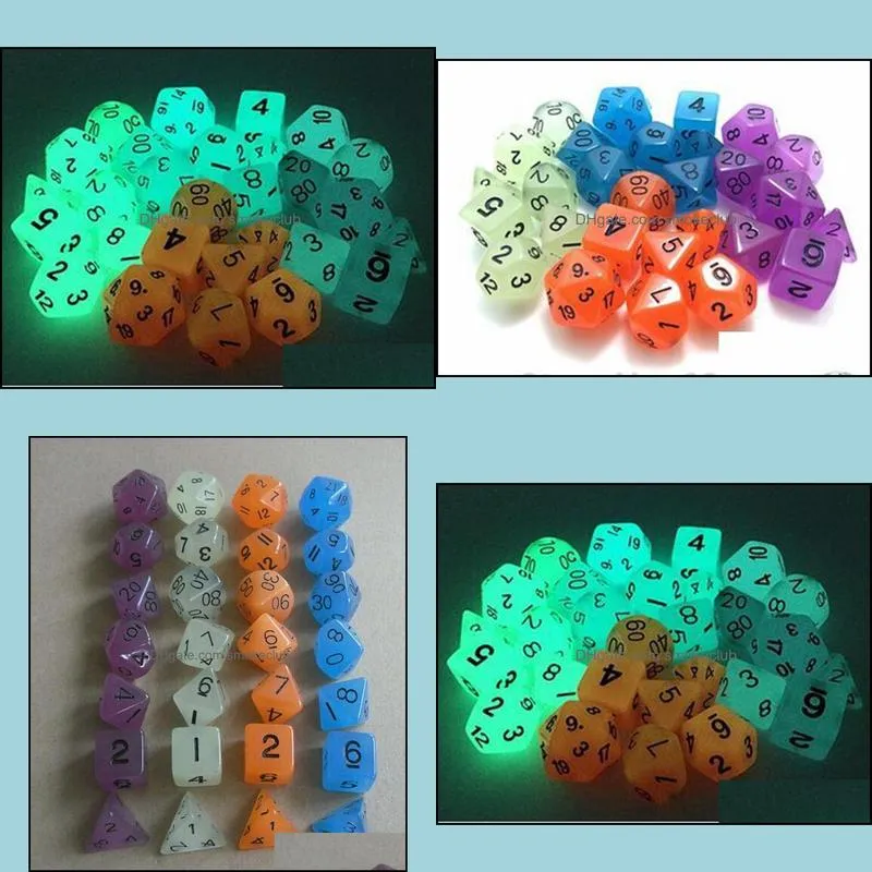 Luminous Polyhedral Dice Set Dungeons And Dragons Glowing Sets Dices D4 D6 D8 D12 D20 D10 (0-9) D10 (00-90) RPG 7pcs/set #D4