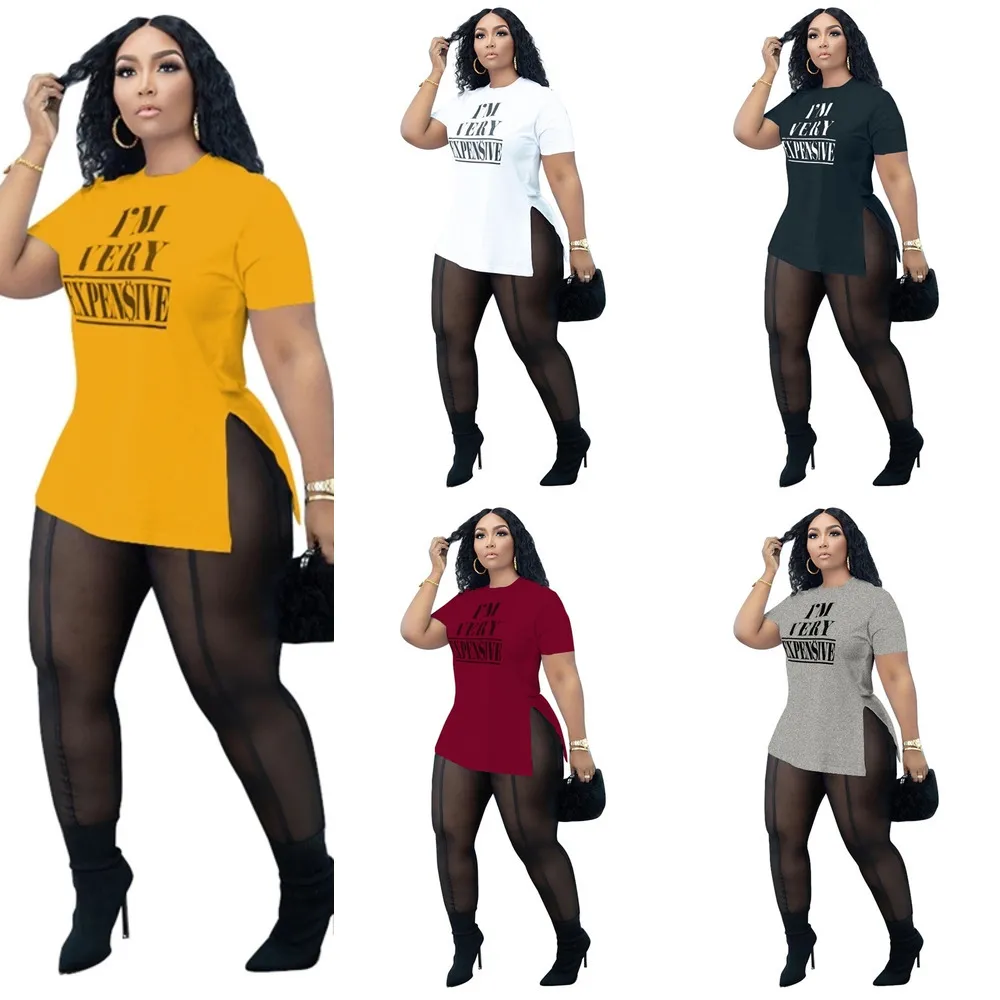 Kvinnor Plus Size Designers kläder 2022 Summer Tracksuits Letter Printed T Shirt Mesh Sheer Yoga Pants Two Piece Outfit Set