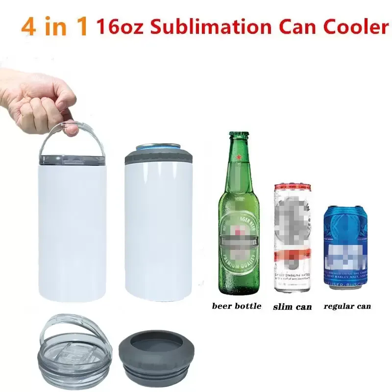 4 in 1 16oz Sublimation Can Cooler Straight Tumbler Stainless Steel Can Insulator Vacuum Insulated Bottle Cold Insulation Can with 2 lids