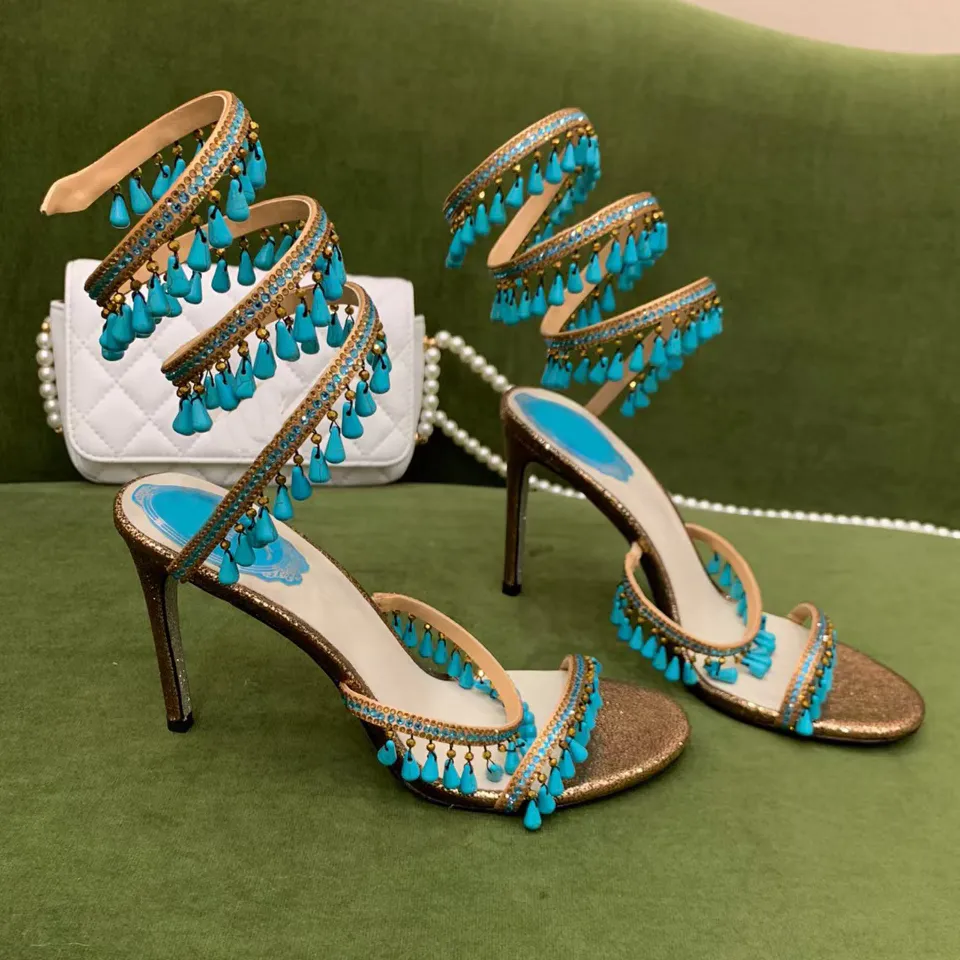 Sandales Turquoise Rene Caovilla Lampe En Cristal Pendentif Strass Twining Anneau De Pied Chaussures À Talons Hauts Top Qualité Flash Sier