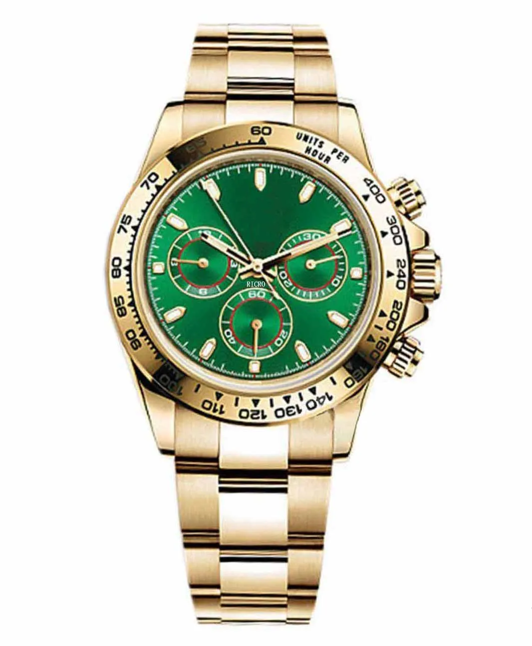 Designer automatic Watch Mens Master Design Sports Style Automatic Movement Gold Stainless Steel Case Green Dial Folding Button