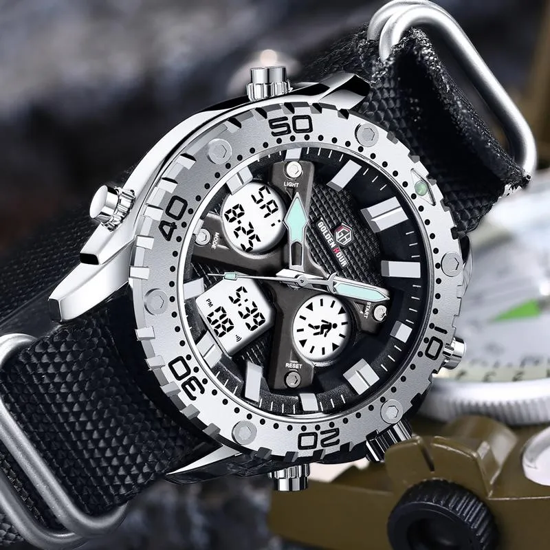Zegarek na rękę Goldenhour Męski Dual Display Watches Watches Fashion Luksusowe płócienne paski zegarek na rękę Chronograph Male Sports