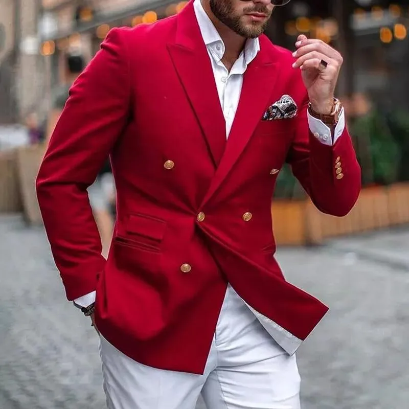 Męskie garnitury Blazery zwykłe czerwone podwójnie piersi mężczyźni z białymi spodniami Slim Fit Broom Tuxedos Wedding Wear 2 sztuki mody Blazermen's