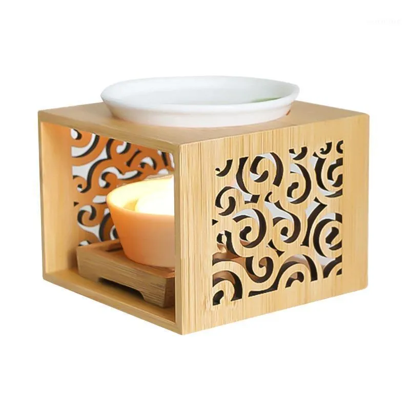 Candle Holders Enhanced Stable Connection Bamboo Wooden Oil Burner Wax Melt Diffuser With Ceramic Holder