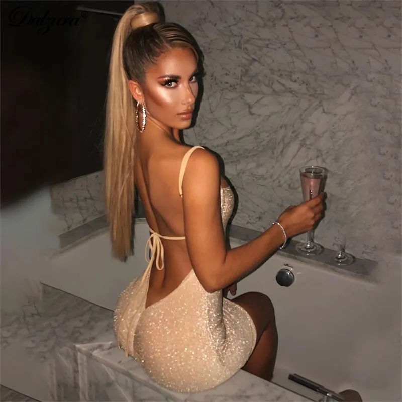 Dulzura Bling Glitter Sequin Women Strap Mini Dress Ruched Lace Up Backless Bodycon Sexy Party Club Autumn Winter Elegant W220421