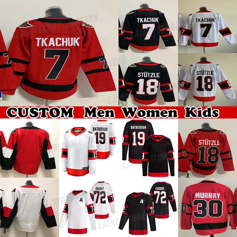 7 Brady Tkachuk Trikot 72 Thomas Chabot 18 Tim Stötzle 28 Connor Brown 30 Matt Murray 19 Drake Batherson Benutzerdefinierte Herren Damen Jugend Beliebiger Name Beliebige Anzahl Hockeytrikots