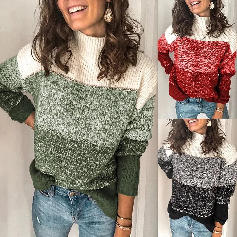 Kobiety swetry dla kobiet turtlerek zima gruby sweter swobodny blok kolorów długi