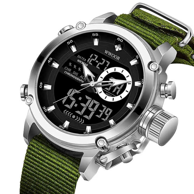 Relogio Masculino WWOOR 8882 Double Movement Men Dual Display Wrist Watch Waterproof Military Nylon Digital Quartz Sport Watch