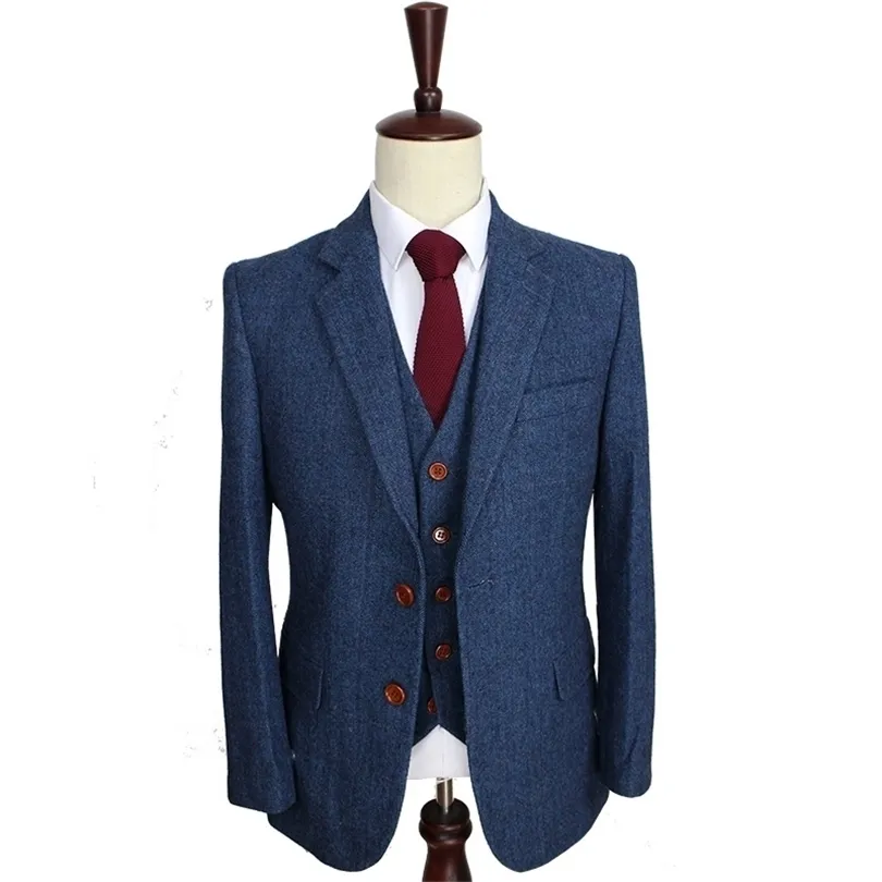 Wool Blue Herringbone Retro Gentleman Style Custom Made Mens Suits Skräddarsy Blazer Suits For Men 3 Piece Jacketpantsvest 201124