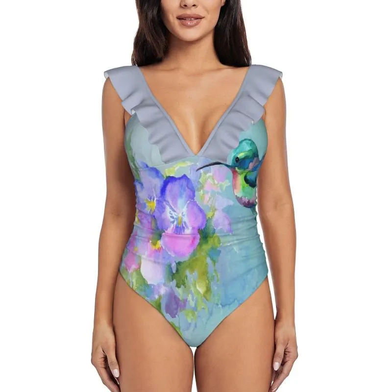 Kobiety stroju kąpielowego Kobiet i Pansies Sexy One Piece Swimsuit Kobiet Monokini Ruffle Bathing Suit Beach Wear Bird Floralwomen's