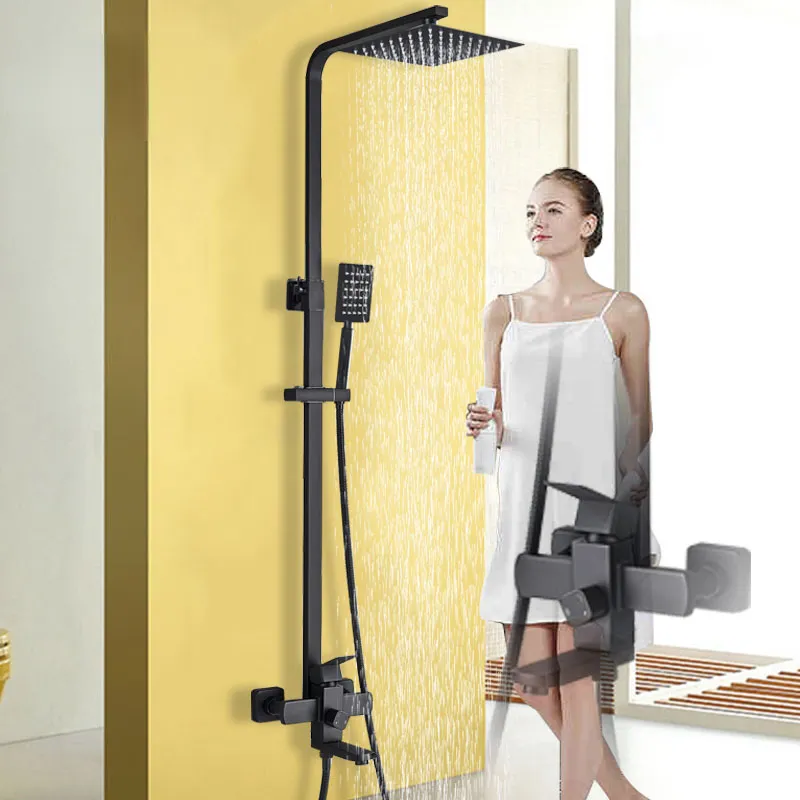Matte Black Wall Mount Shower Set Rainfall Head, Handheld, Square All