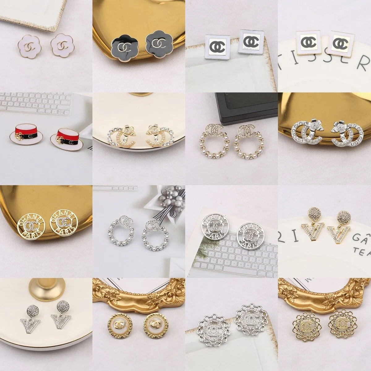 20Style Stud 18K Altın Kaplama 925 Gümüş Lüks Marka Tasarımcılar Harfler Küpe Geometrik Ünlü Kadınlar Kristal Rhinestone İnci Küpe Düğün Jewerlry