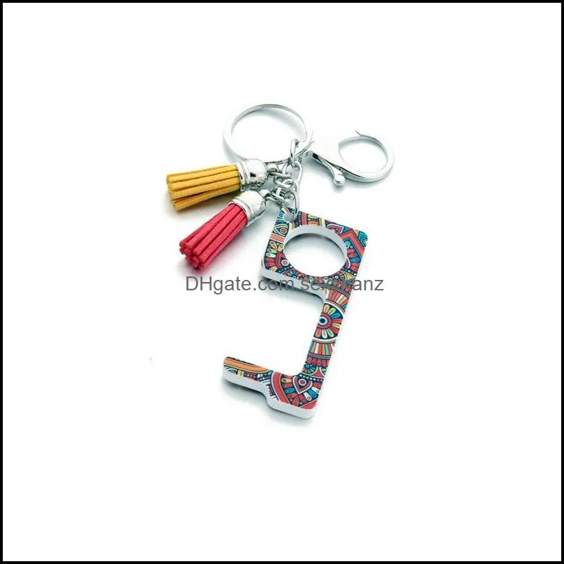 Acrylic Keychain Tool Leather Tassel Pendant Bag Charm Keyring Non-Contact EDC Door Opener Elevator Button Car Key Chain Ring Holder 615