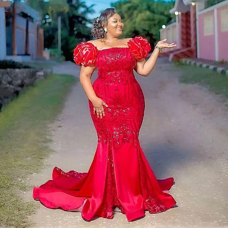 Red Mermaid Prom Dress Off The Shoulder Puffy Short Sleeves Lovertjes Lace Applicaties Plus Size Avondjurk Wmen verjaardagstoga