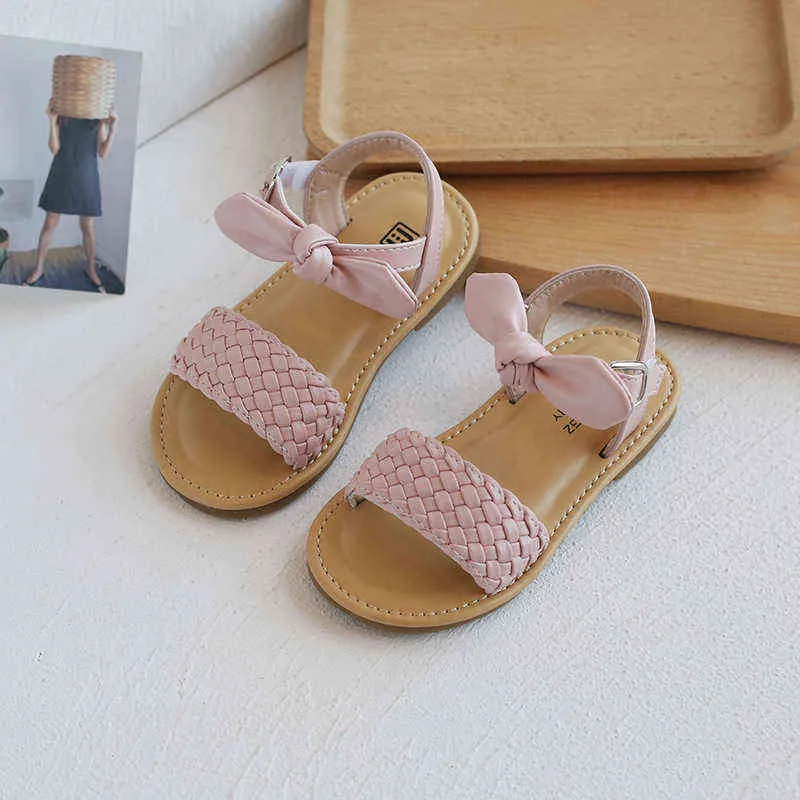 Meisjes gevlochten sandalen lente / zomer kinderen baby schoenen zachte bodem kinderen sandalen boog schattige prinses schoenen casual sneakers G220418