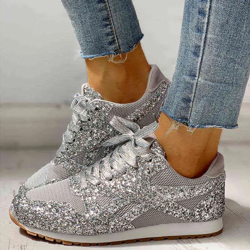 Kvinnor platt glitter sneakers casual bling vulkaniserade skor kvinnliga mesh snörning plattform komfort plus storlek mode damer hösten g220629