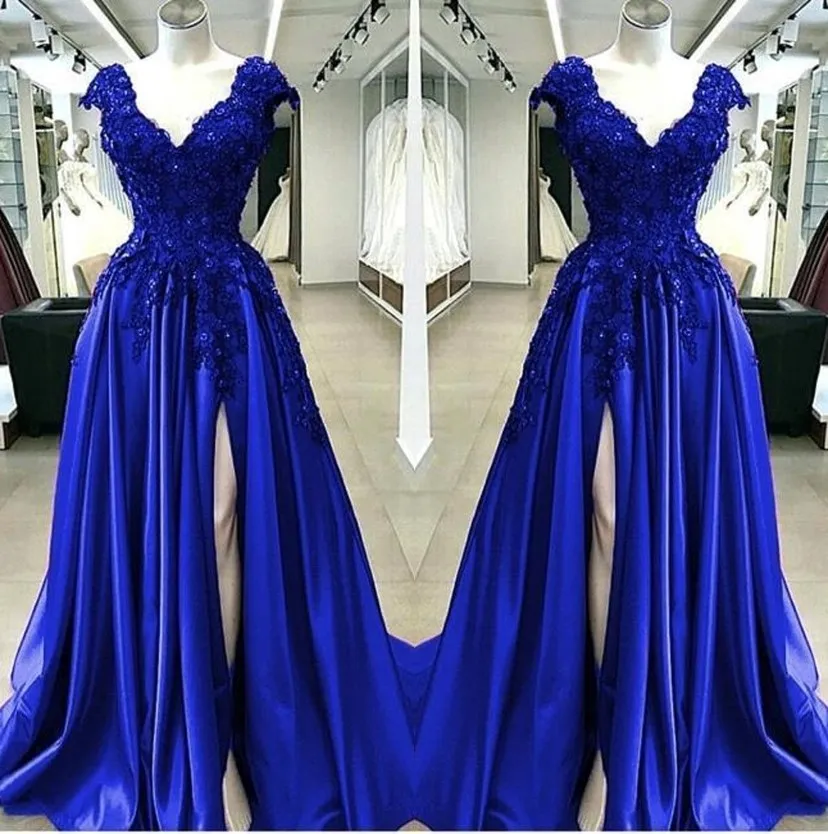 Royal Blue Satin A Line High Split Prom Dressess 2022 V Neck Lace Appliques Beaded Plus Size African Black Girls Evening Party Gowns BC5082 sxa27