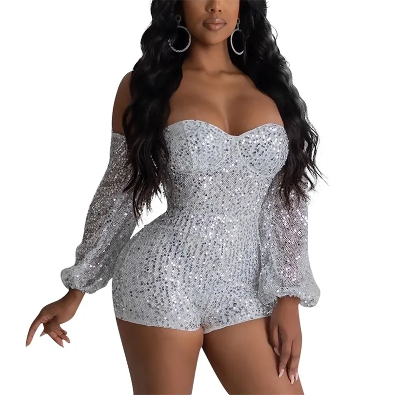 Women Strapless Long Sleeve Sequined Rompers Playsuits Summer Fall Off Shoulder Short Jumpsuit Sexy Club Outfits 201007