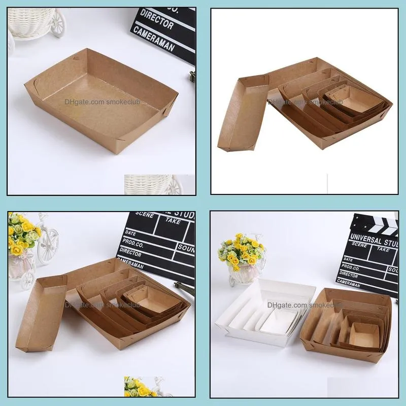 100Pcs Cake carriers Disposable Paper Food Serving Tray Kraft Coating Boat Shape Snack Open French Fries Chicken Box