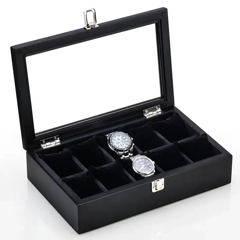 5/8/10/12 Slots Watches Box Organizer Black Watch Wood Holder Fashion Gift For Men 220428